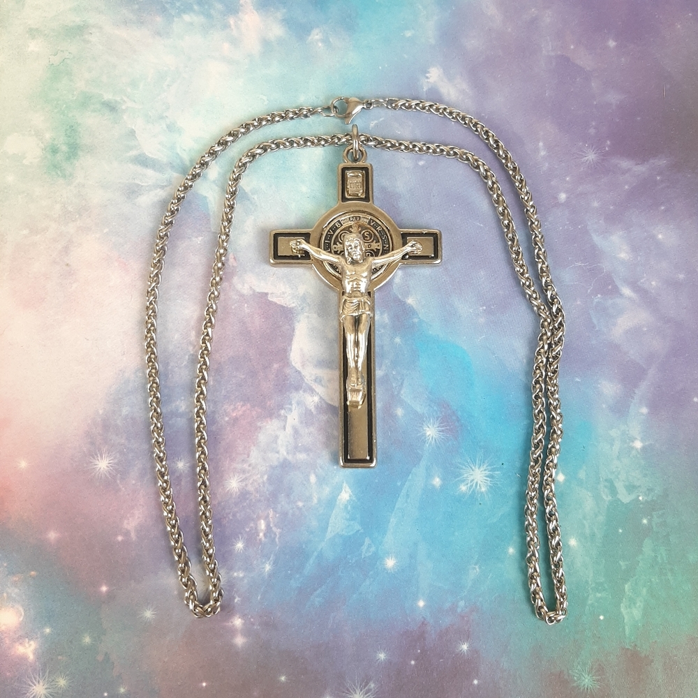 St Saint Benedict Exorcism Gold Plated Crucifix Cross Christian Pendant Necklace